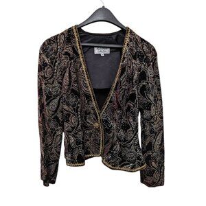 Nah Nah Collection Womens Blazer Jacket Beaded Sequin Button Front Black Size 12